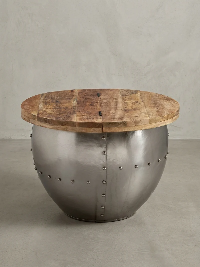 Couchtisch Rund in Braun, Massivholz und Metall, Industrial-Stil mit Stauraum