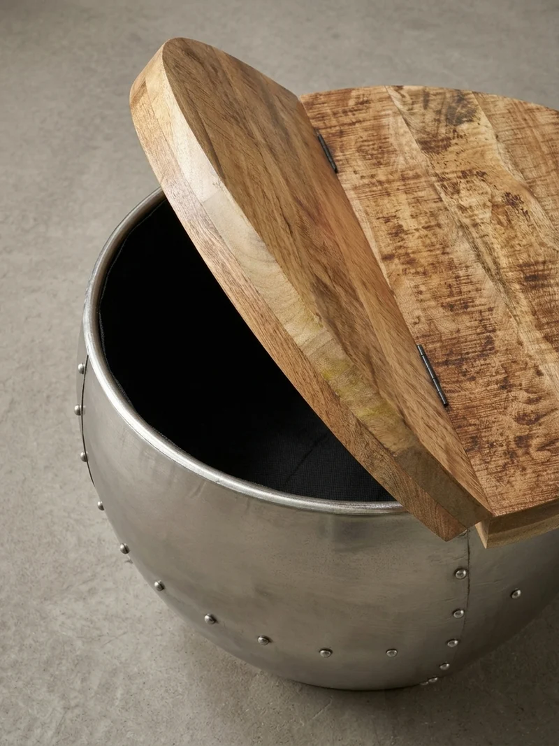 Couchtisch Rund in Braun, Massivholz und Metall, Industrial-Stil mit Stauraum