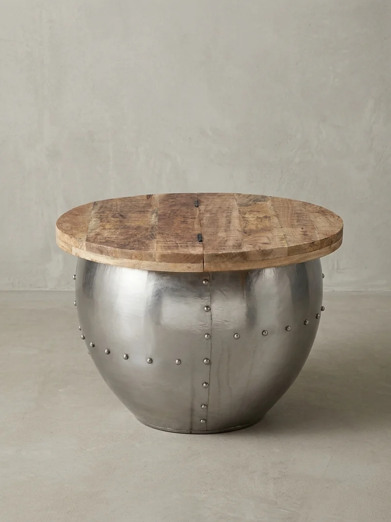 Couchtisch Rund in Braun, Massivholz und Metall, Industrial-Stil mit Stauraum