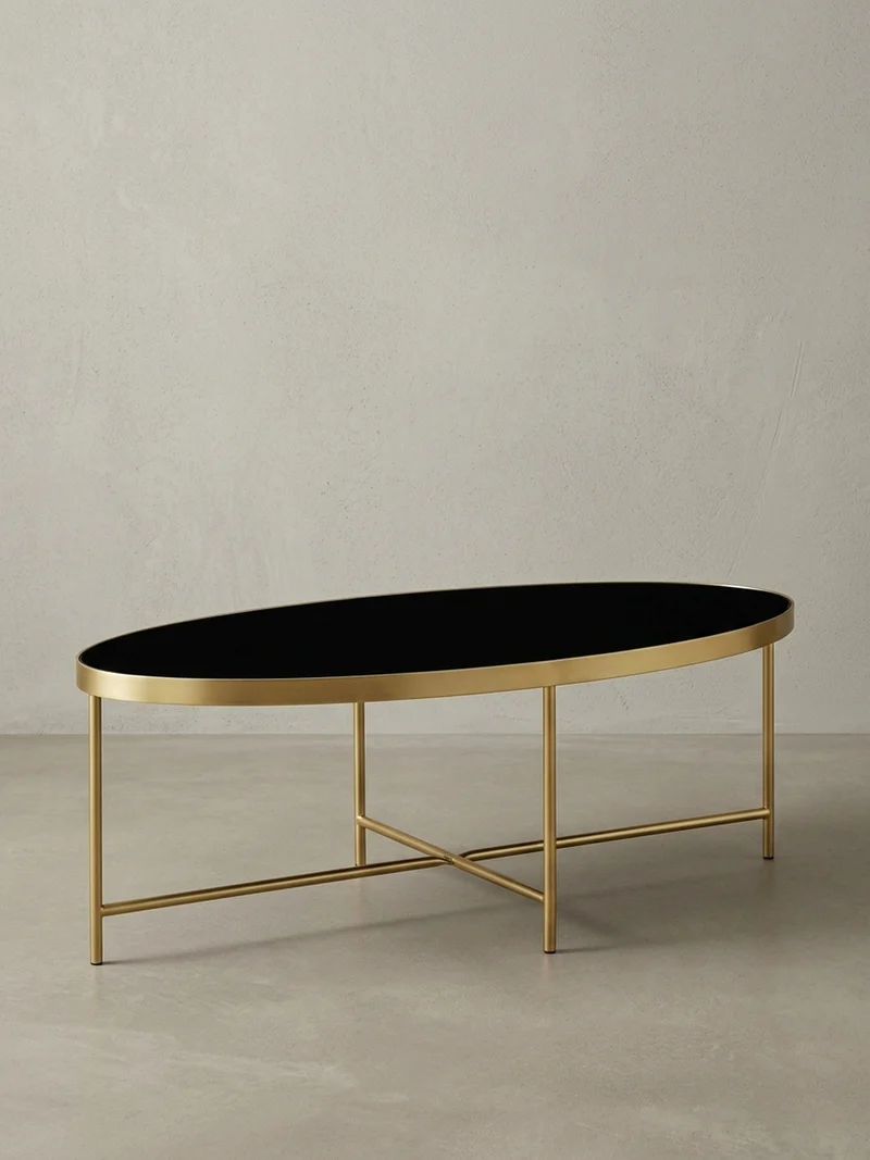 Couchtisch Oval in Schwarz/Gold, Glasplatte mit filigranem Metallgestell, Maße 110x56 cm