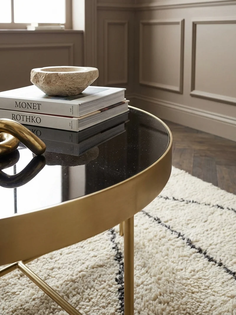 Couchtisch Oval in Schwarz/Gold, Glasplatte mit filigranem Metallgestell, Maße 110x56 cm