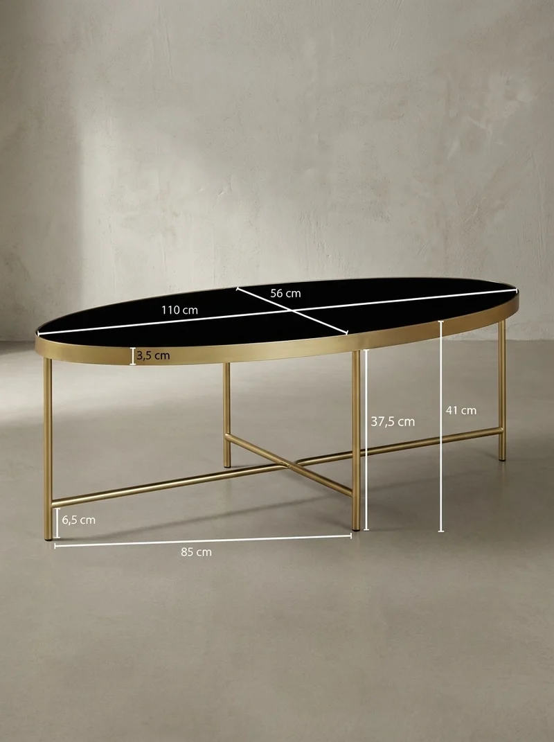 Couchtisch Oval in Schwarz/Gold, Glasplatte mit filigranem Metallgestell, Maße 110x56 cm