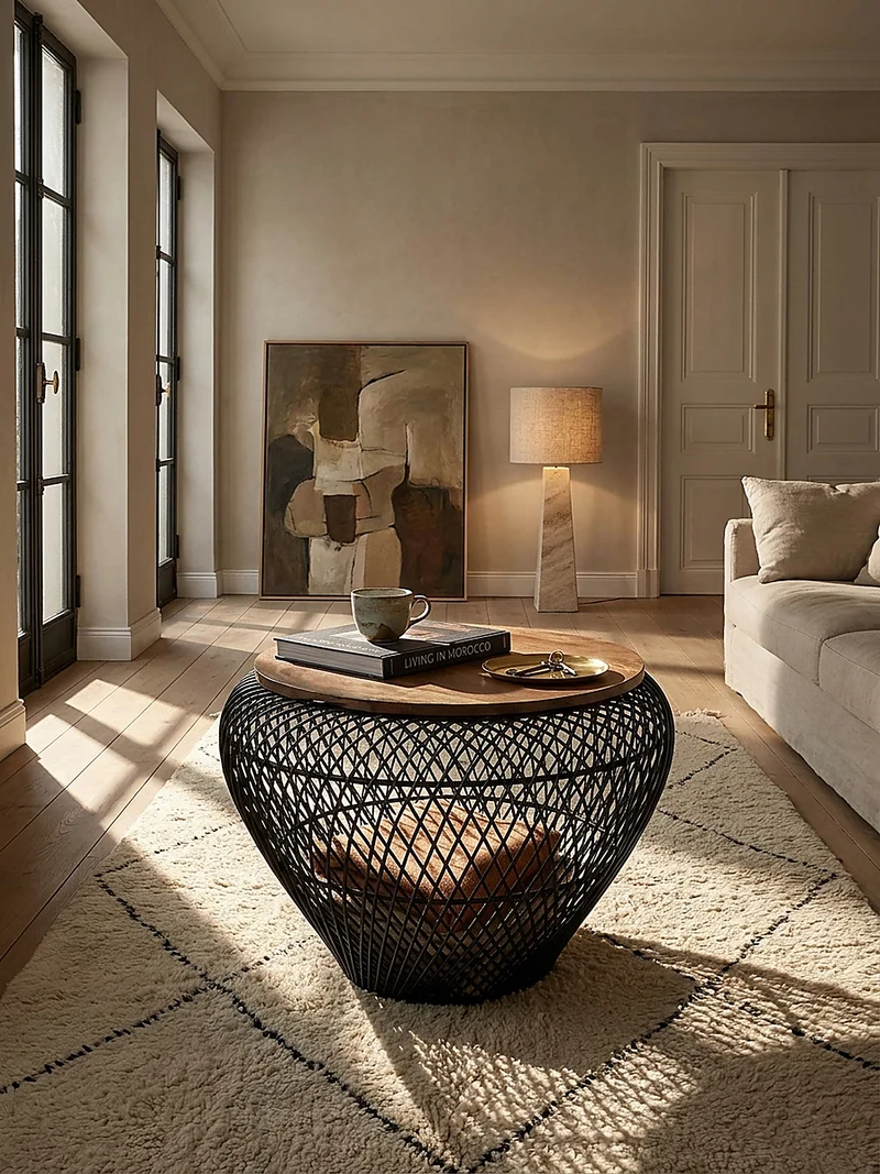 Couchtisch Rund mit Stauraum, Holz-Metallgestell, Mango-Massivholz