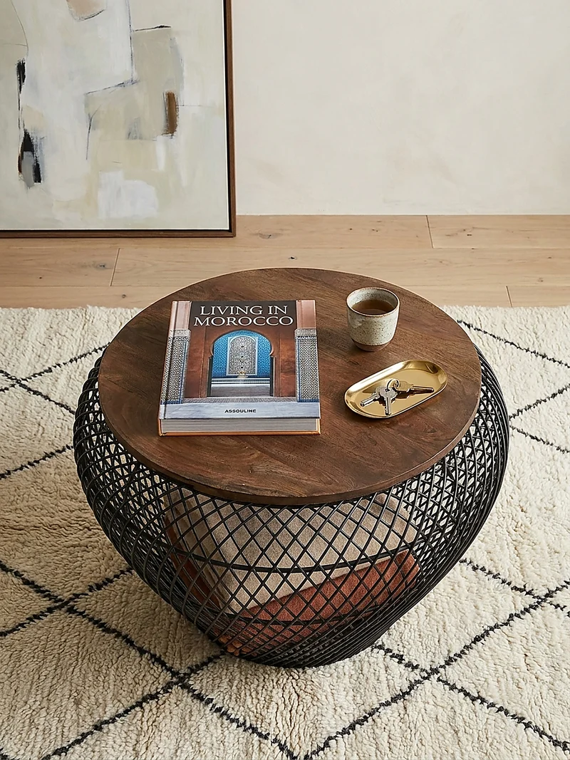 Couchtisch Rund mit Stauraum, Holz-Metallgestell, Mango-Massivholz