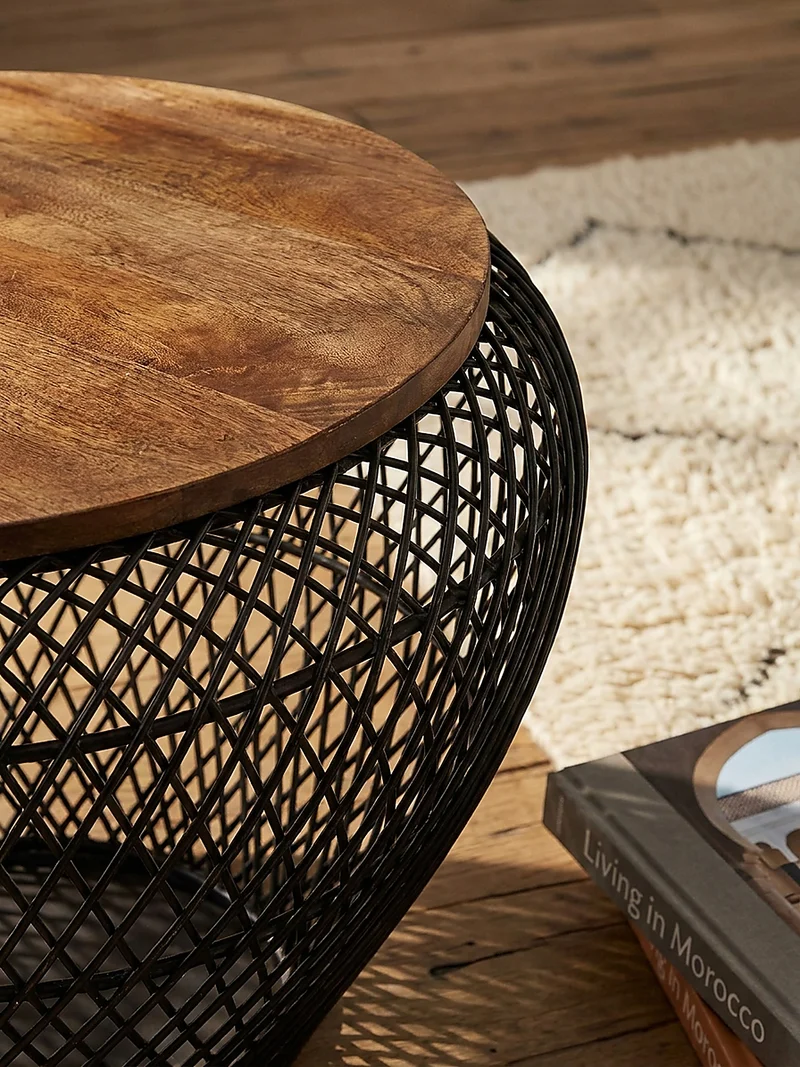 Couchtisch Rund mit Stauraum, Holz-Metallgestell, Mango-Massivholz