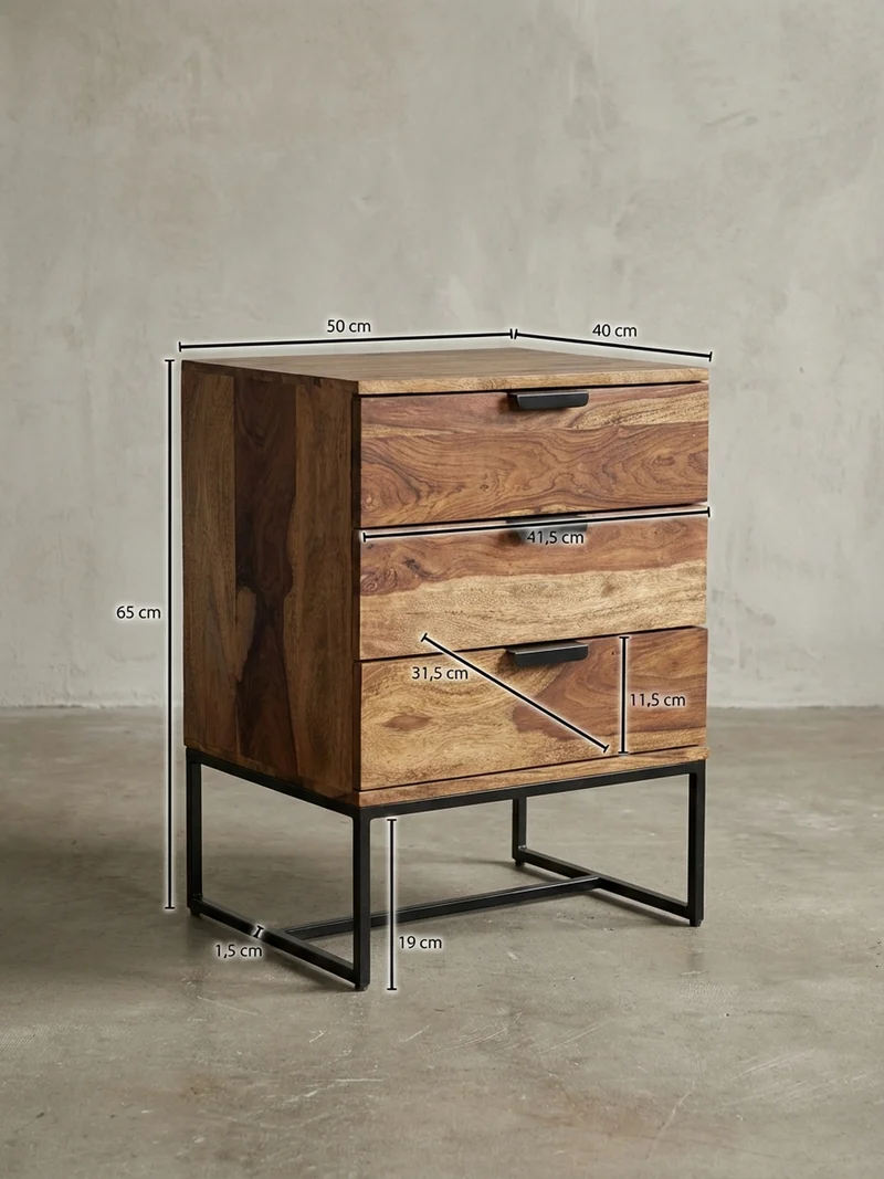 Nachttisch – Massivholz/Eisen, 50x40x65 cm, 3 Schubladen, Industrial-Stil