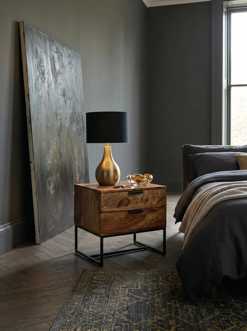 Nachttisch – Massivholz/Eisen, 50x40x51 cm, 2 Schubladen, Industrial-Stil
