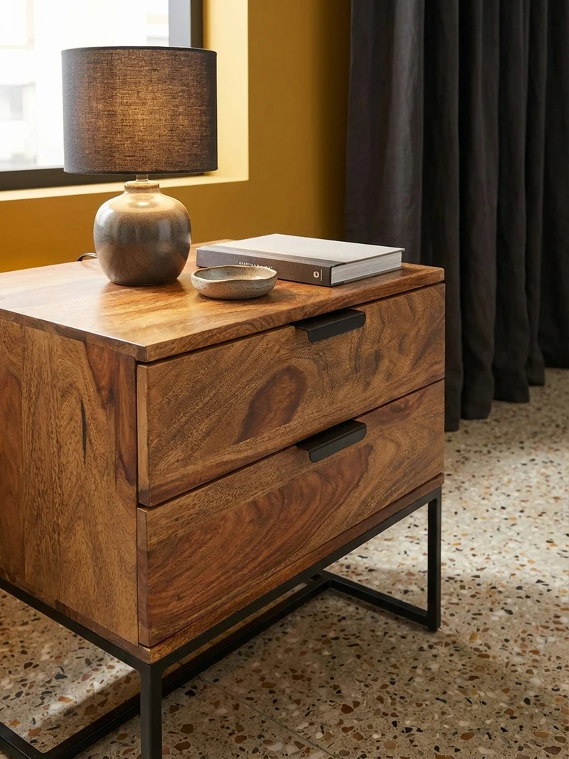 Nachttisch – Massivholz/Eisen, 50x40x51 cm, 2 Schubladen, Industrial-Stil