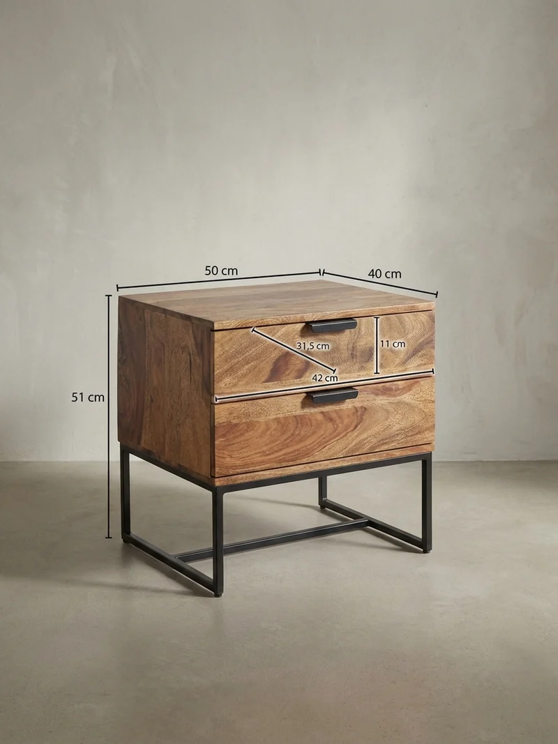 Nachttisch – Massivholz/Eisen, 50x40x51 cm, 2 Schubladen, Industrial-Stil