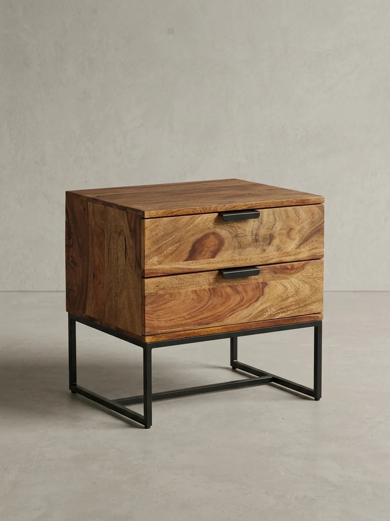 Nachttisch – Massivholz/Eisen, 50x40x51 cm, 2 Schubladen, Industrial-Stil