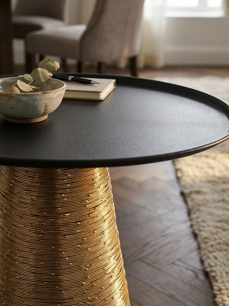 Beistelltisch – Rund Aluminium Schwarz Gold Muster handgefertigt 40x40 cm