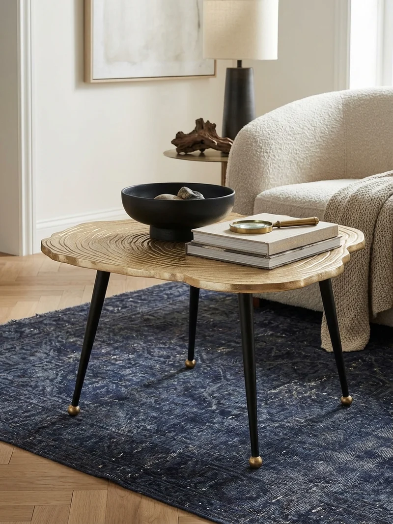 Couchtisch Schwarz Gold, Aluminium im Baumscheiben-Look