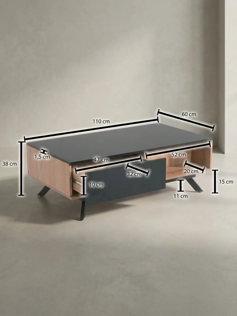 Couchtisch Eiche-Dekor Schwarz mit Stauraum, Wasserabweisend, 110x60x38 cm
