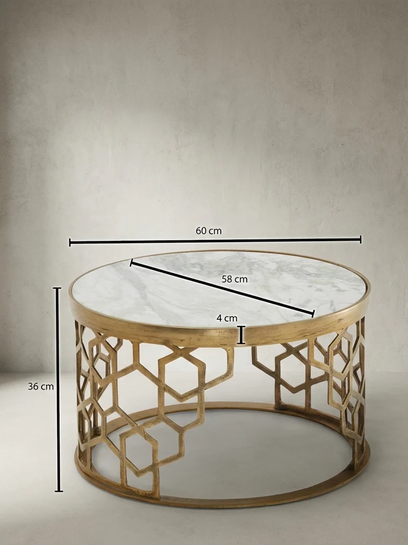 Couchtisch Weiß Marmor und Metall, Rund, Maße 60x60x36 cm, Modernes Design