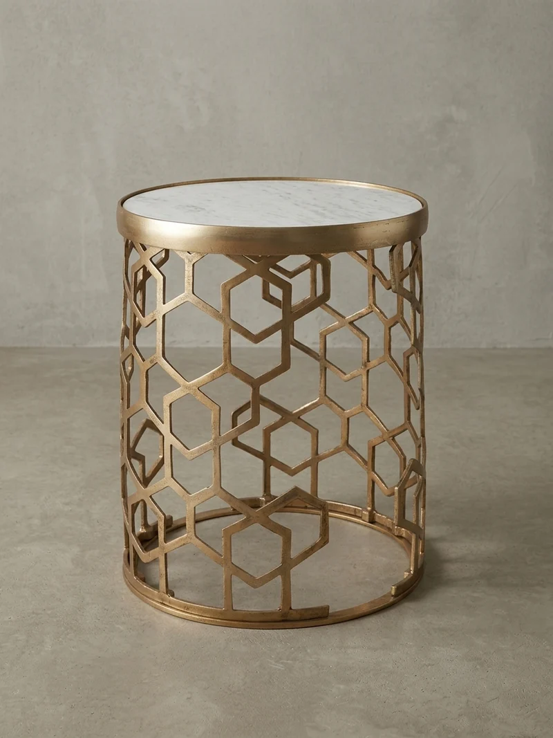 Beistelltisch – Rund Marmor Goldfarben Metall Ø 46 cm, Höhe 55 cm