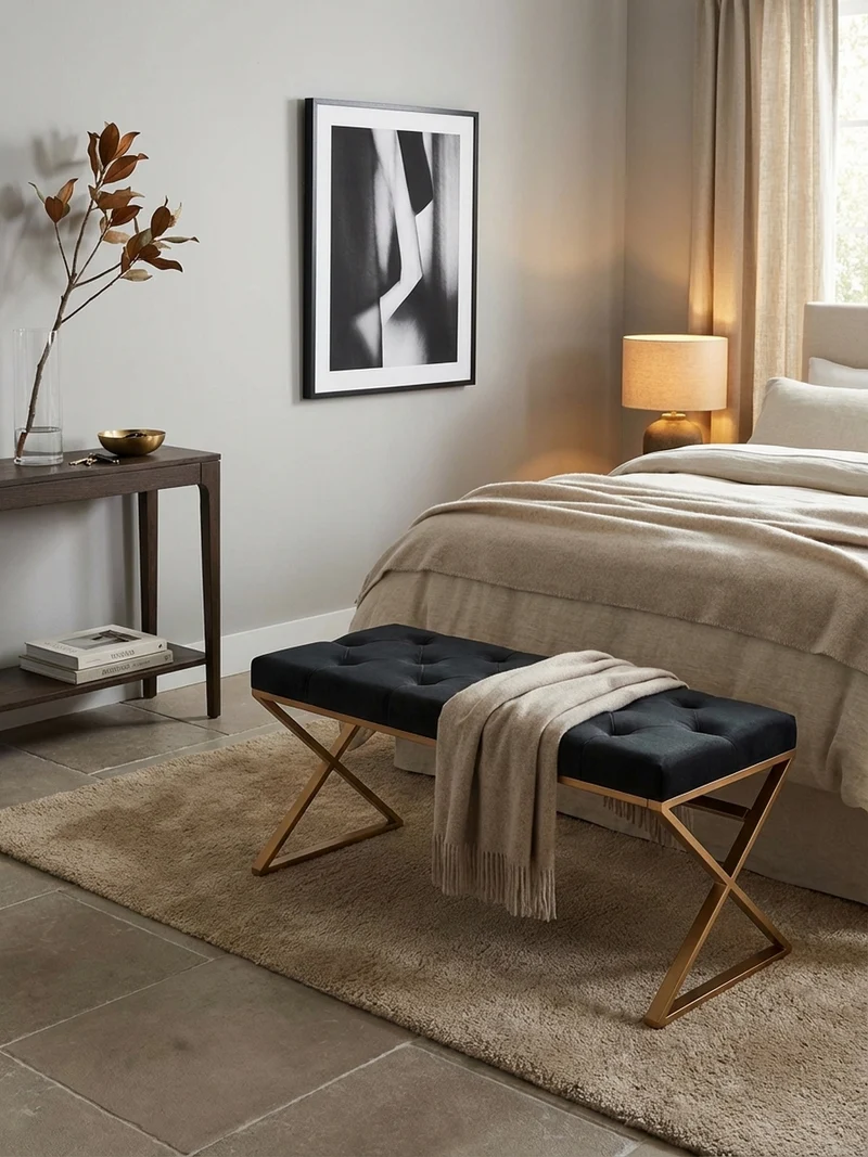 Sitzbank – Samt, Schwarz, Chesterfield-Stil, Metallgestell Gold