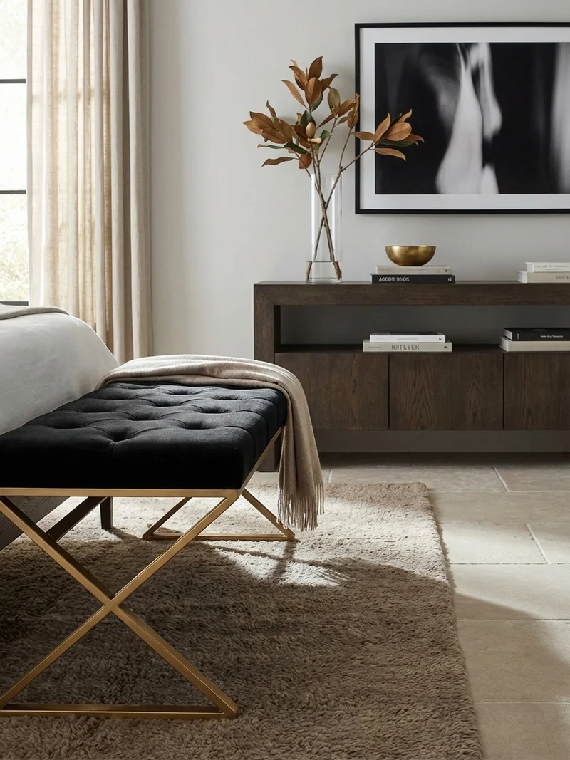 Sitzbank – Samt, Schwarz, Chesterfield-Stil, Metallgestell Gold