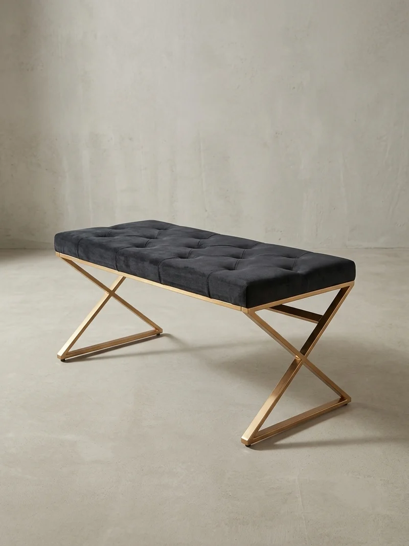 Sitzbank – Samt, Schwarz, Chesterfield-Stil, Metallgestell Gold