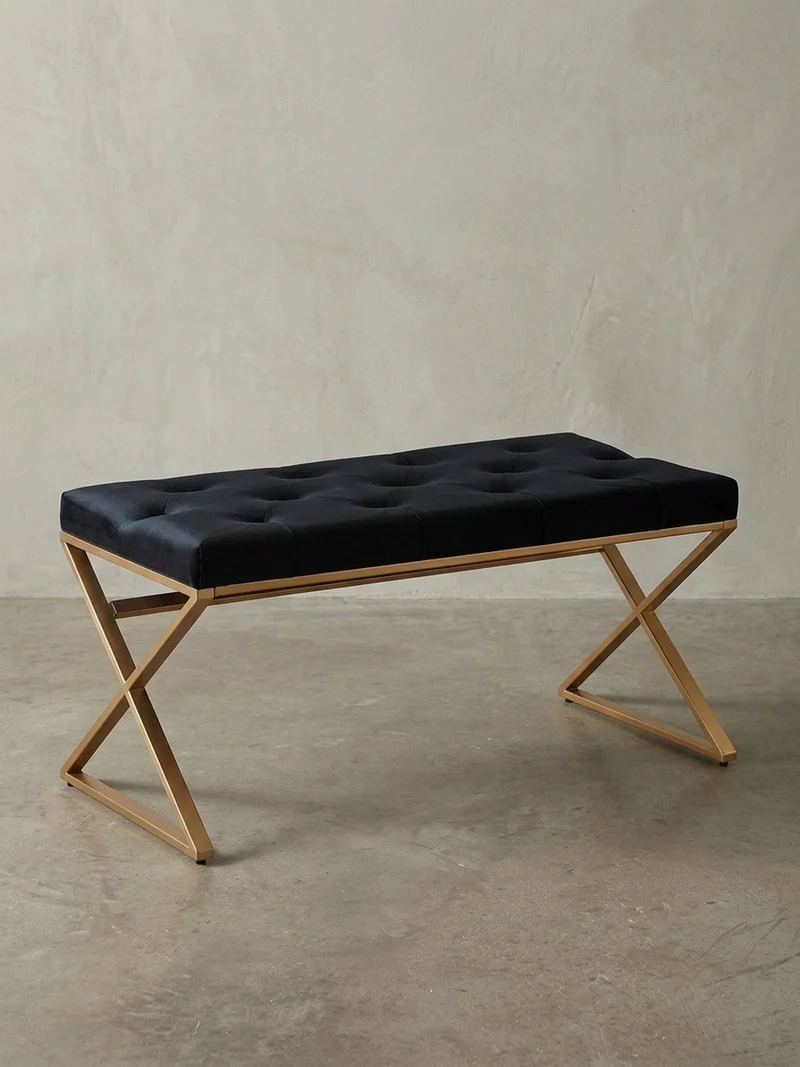 Sitzbank – Samt, Schwarz, Chesterfield-Stil, Metallgestell Gold