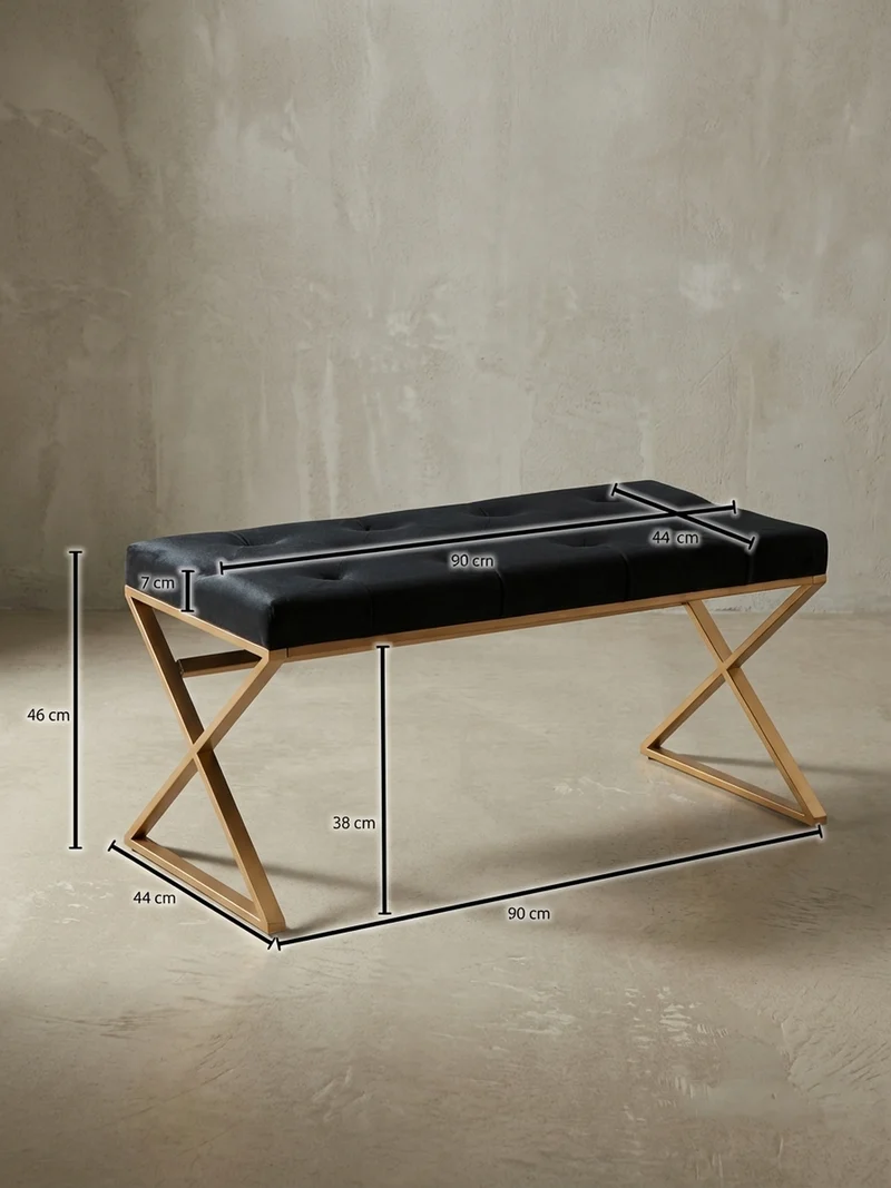 Sitzbank – Samt, Schwarz, Chesterfield-Stil, Metallgestell Gold