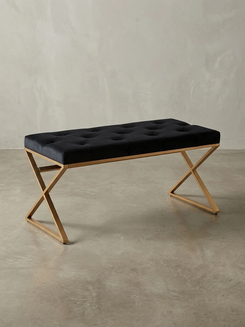 Sitzbank – Samt, Schwarz, Chesterfield-Stil, Metallgestell Gold