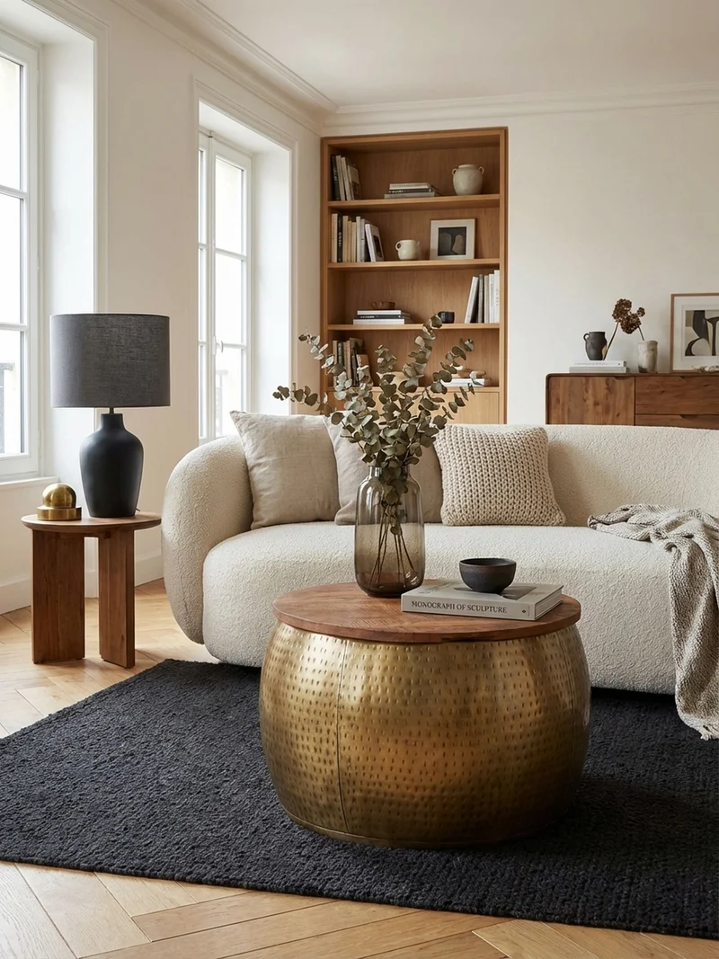Couchtisch Massivholz Braun Gold, Modernes Design, Stauraum, Modell Aurora