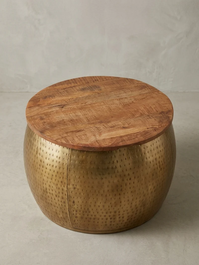 Couchtisch Massivholz Braun Gold, Modernes Design, Stauraum, Modell Aurora