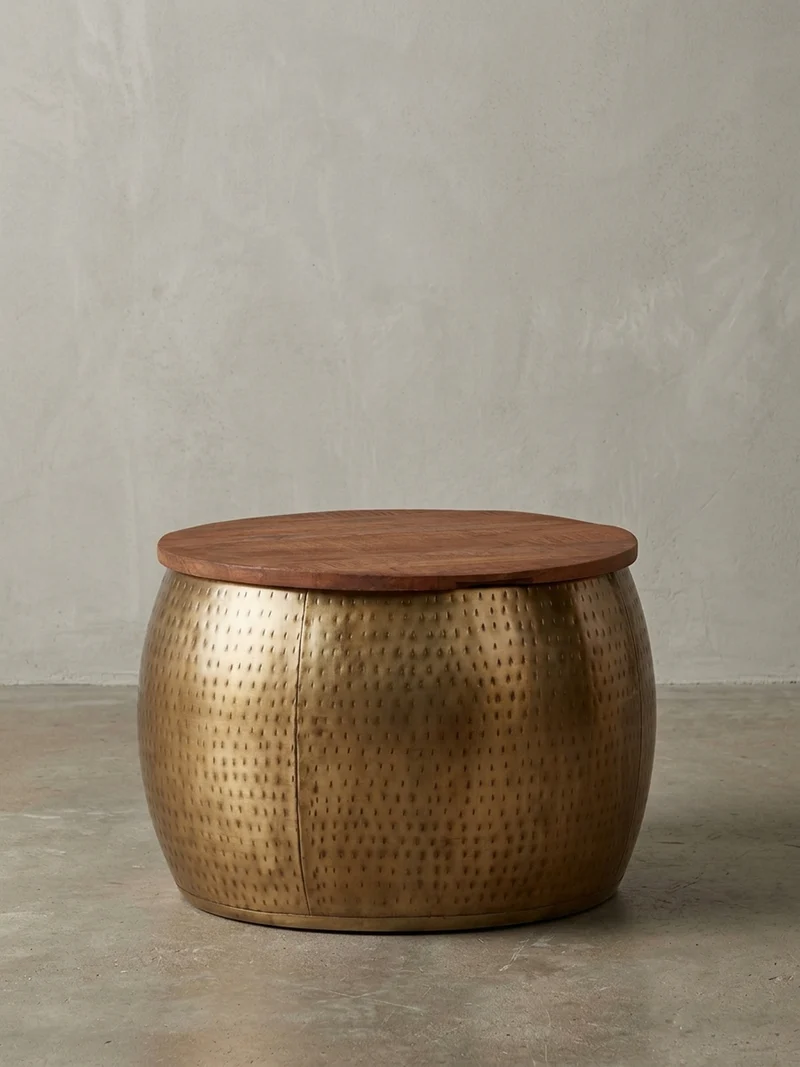 Couchtisch Massivholz Braun Gold, Modernes Design, Stauraum, Modell Aurora