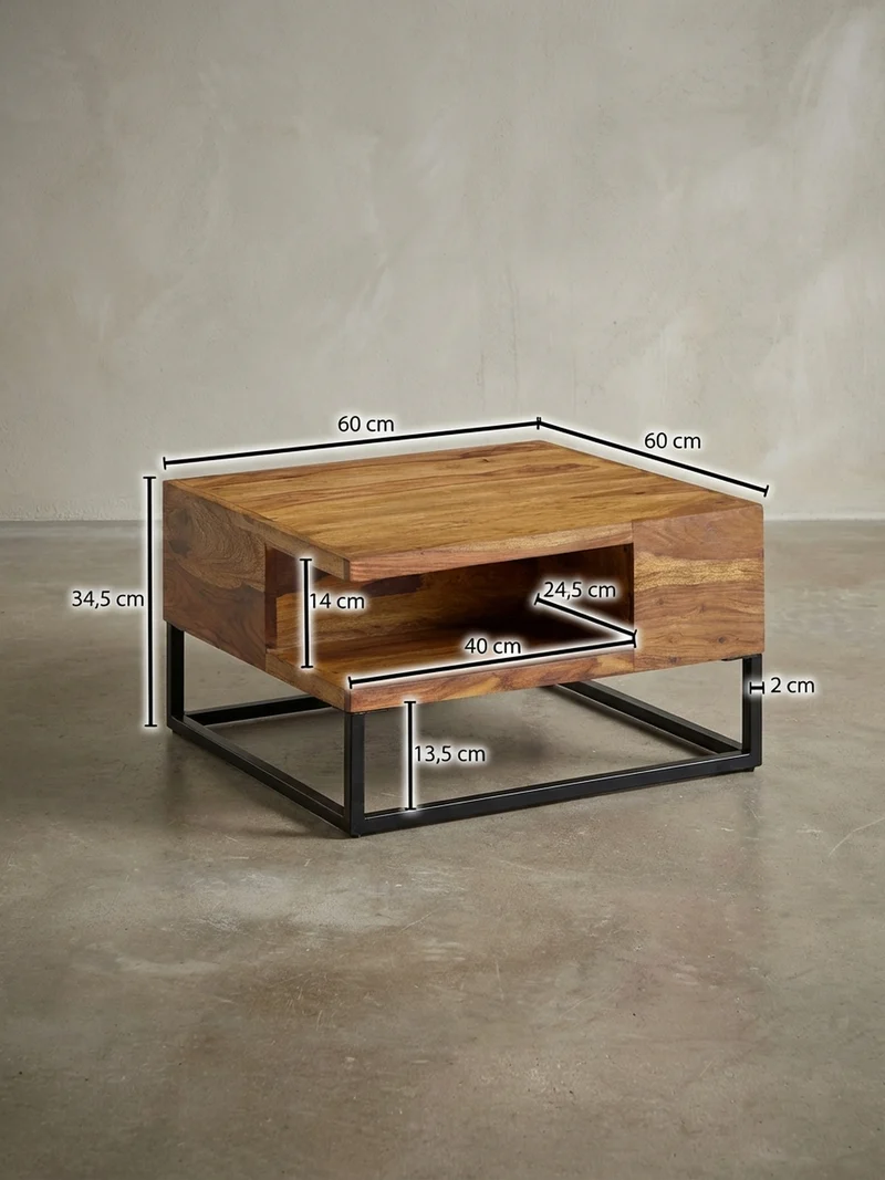 Couchtisch in Sheeshamholz mit Staufach, 60x60x34,5 cm, Industrial-Design