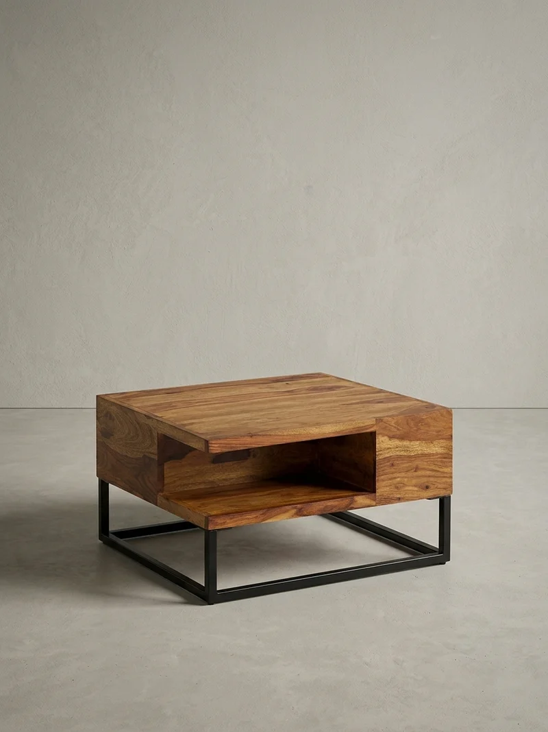 Couchtisch in Sheeshamholz mit Staufach, 60x60x34,5 cm, Industrial-Design