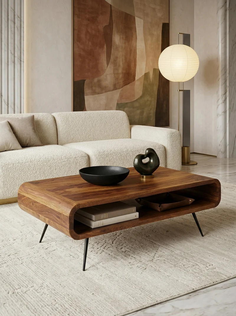 Wohnzimmertisch Massivholz Sheesham, Modernes Design mit Staufach