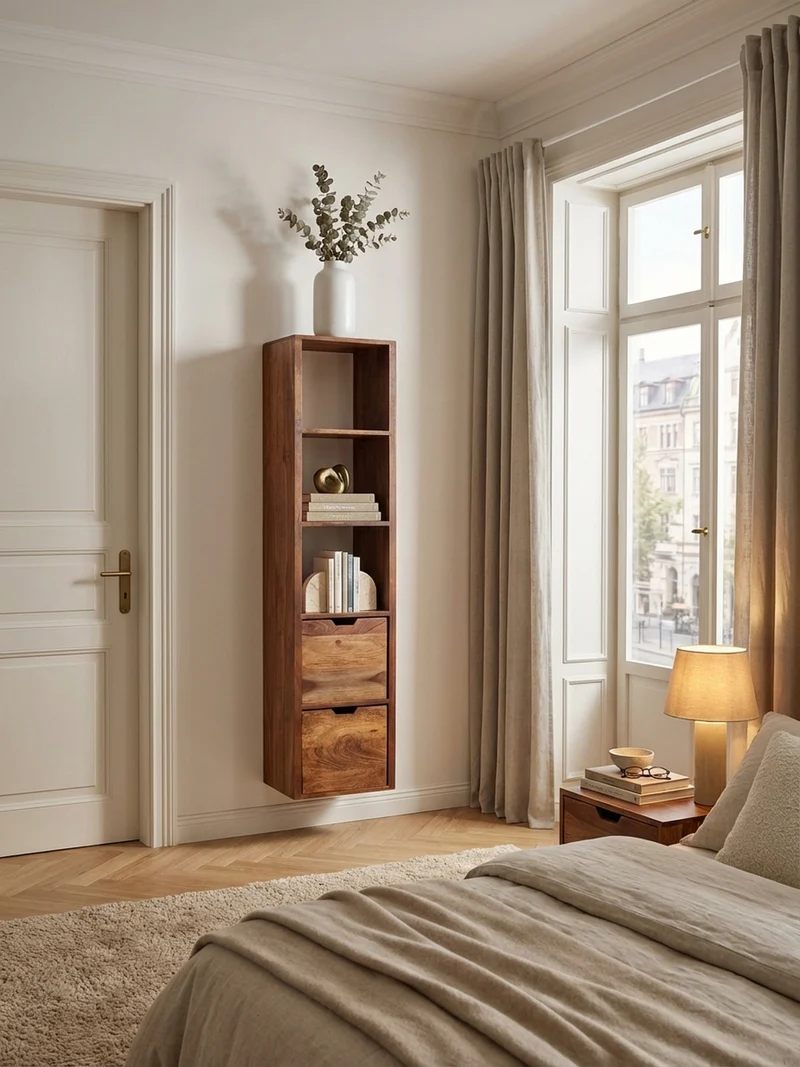 Wandregal Massivholz Modern Stil Flexibel mit 5 Ablagen und 2 Schubladen