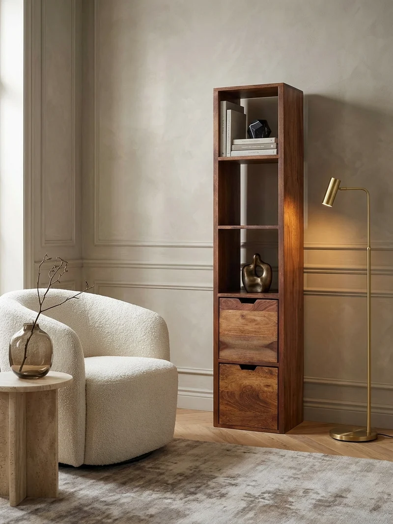 Wandregal Massivholz Modern Stil Flexibel mit 5 Ablagen und 2 Schubladen