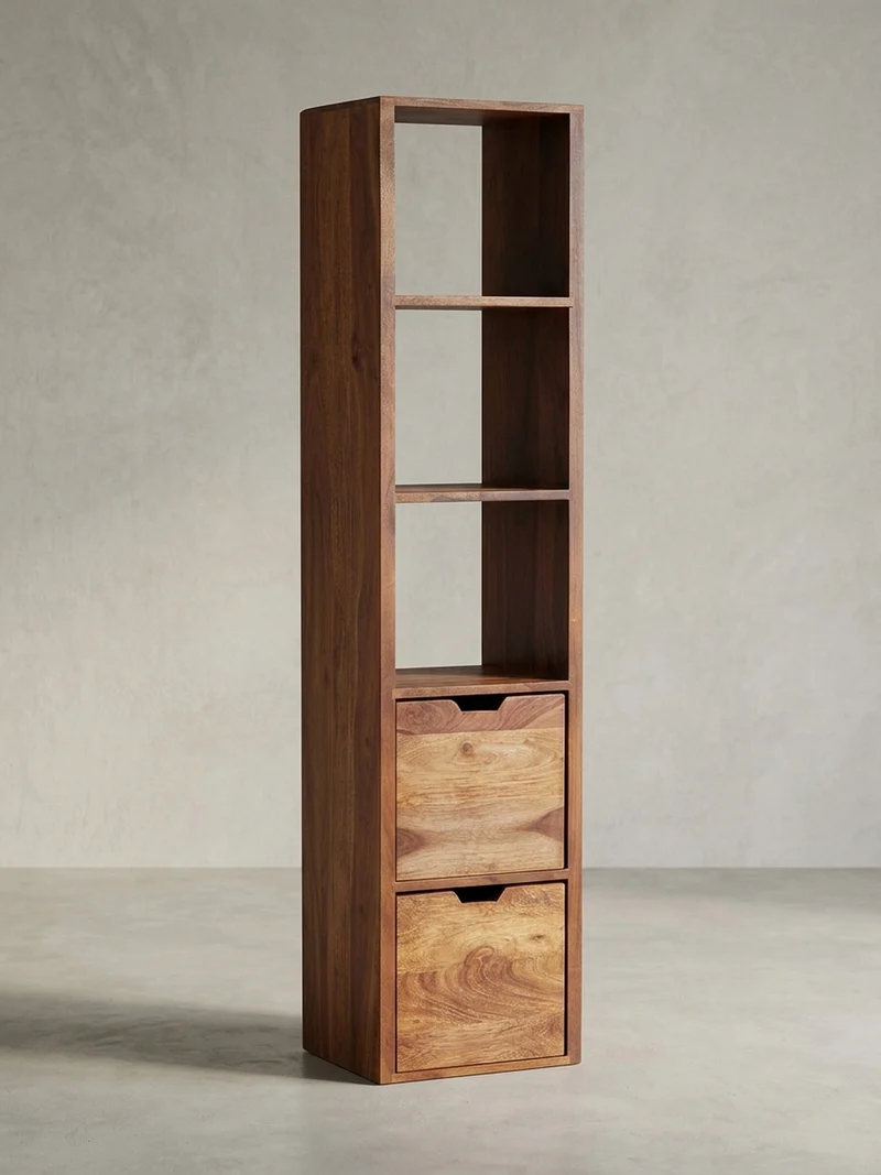 Wandregal Massivholz Modern Stil Flexibel mit 5 Ablagen und 2 Schubladen