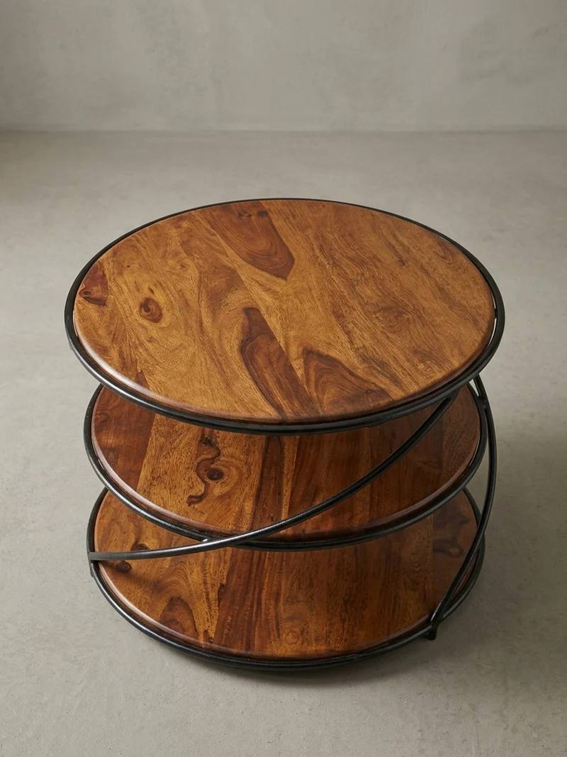 Couchtisch aus Sheesham-Massivholz, 58x58 cm, mit 3 Ablageflächen und außergewöhnlichem Design