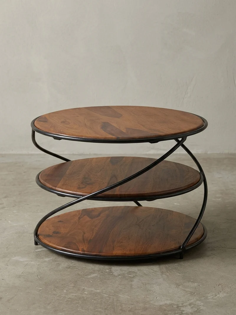 Couchtisch aus Sheesham-Massivholz, 58x58 cm, mit 3 Ablageflächen und außergewöhnlichem Design