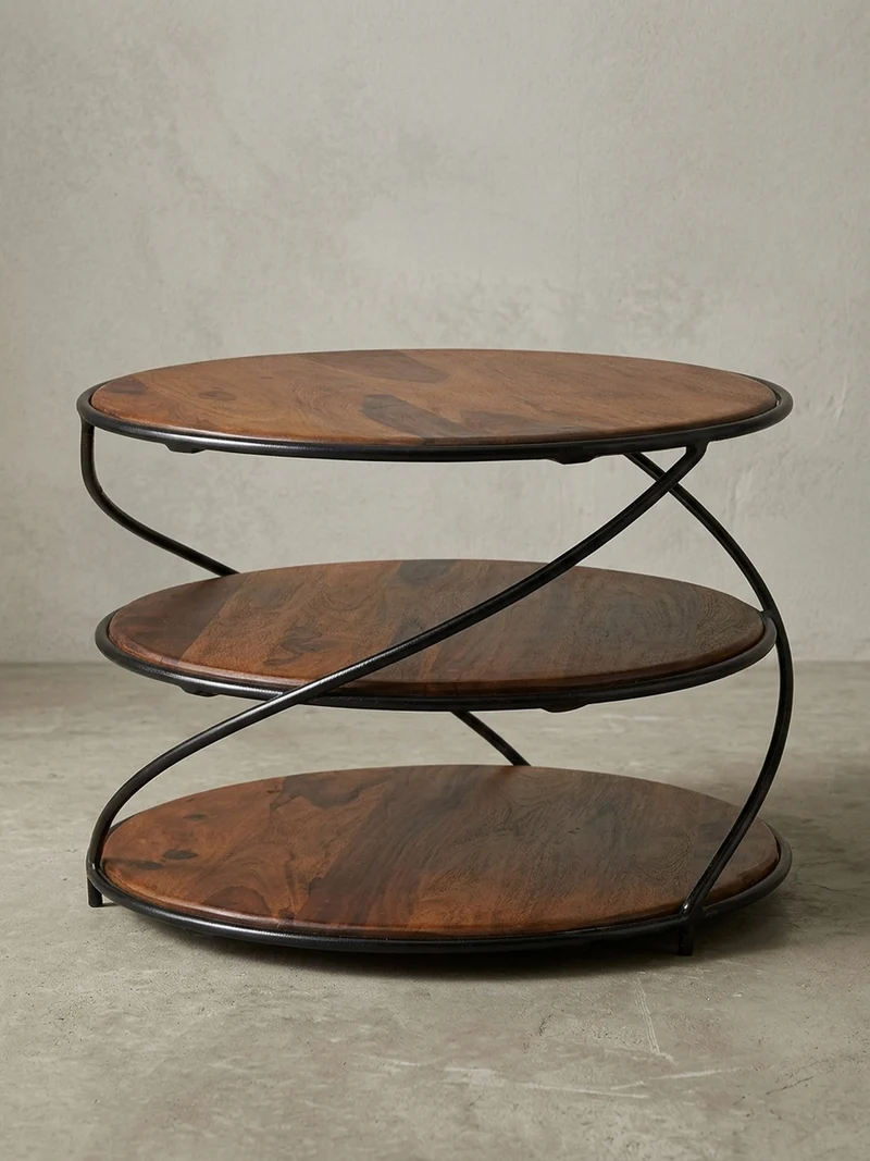 Couchtisch aus Sheesham-Massivholz, 58x58 cm, mit 3 Ablageflächen und außergewöhnlichem Design