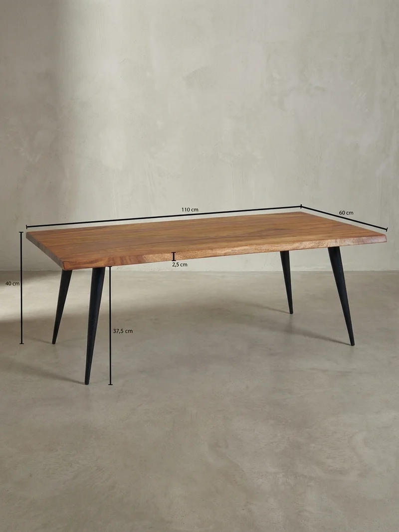 Couchtisch Sheesham Massivholz in Natur mit Baumkante und Metallgestell, 110x60x40 cm, Handgefertigt, Schutzlack-beschichtet