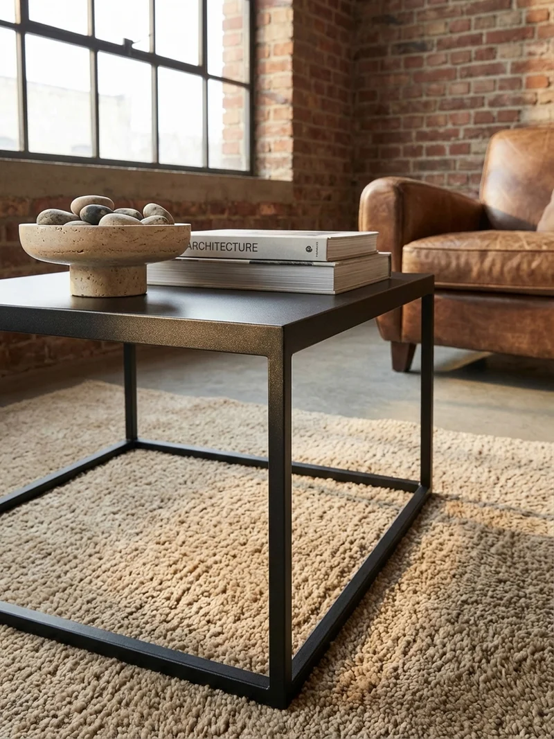 Couchtisch quadratisch mit Marmor-Optik, Metallgestell im Industrial-Stil