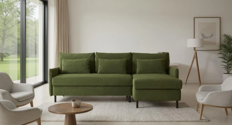 Model 12 Dreisitzer-Schlafsofa mit Chaiselongue rechts, Laubgrün