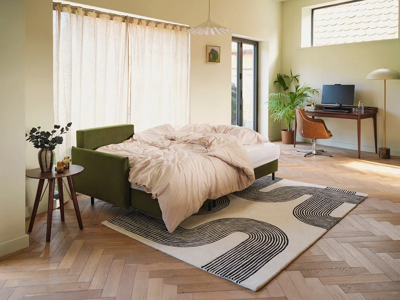 Model 12 Dreisitzer-Schlafsofa mit Chaiselongue rechts, Laubgrün