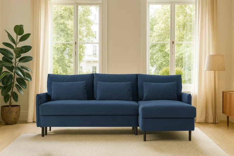 Model 12 Dreisitzer-Schlafsofa mit Chaiselongue rechts, Blaugrün