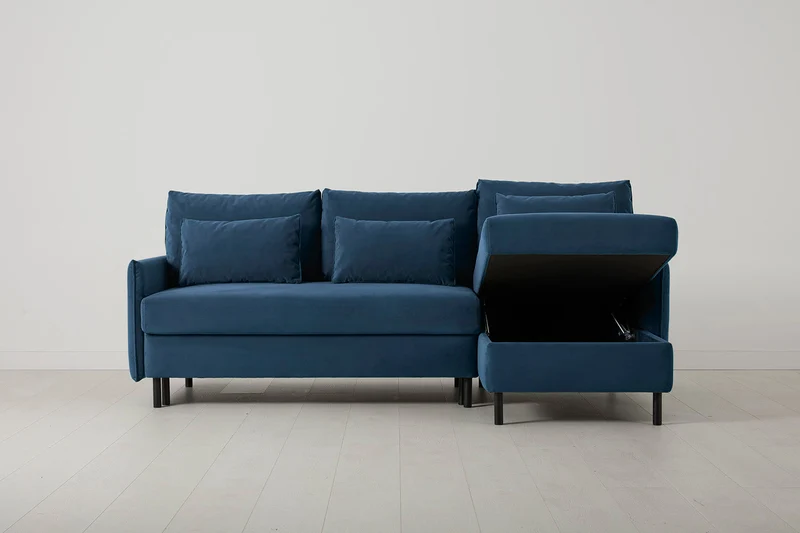 Model 12 Dreisitzer-Schlafsofa mit Chaiselongue rechts, Blaugrün