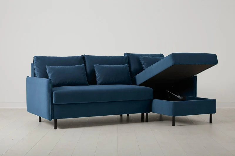 Model 12 Dreisitzer-Schlafsofa mit Chaiselongue rechts, Blaugrün