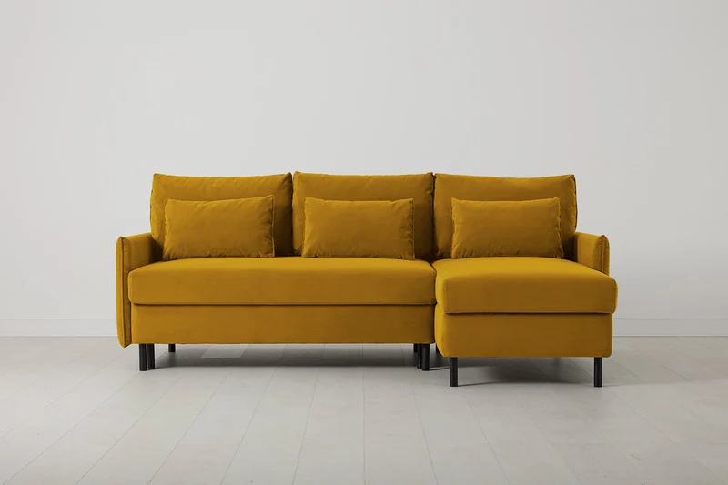 Model 12 Dreisitzer-Schlafsofa mit Chaiselongue rechts, Senfgelb