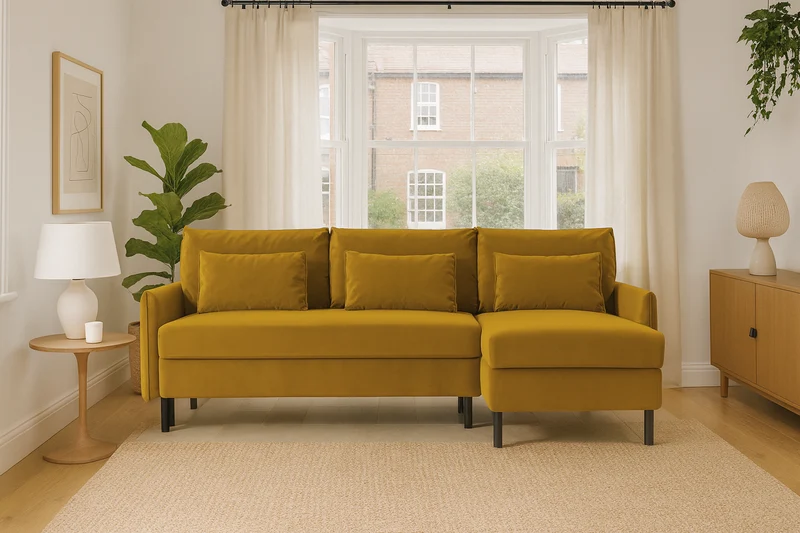 Model 12 Dreisitzer-Schlafsofa mit Chaiselongue rechts, Senfgelb