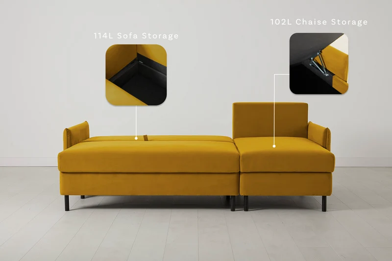Model 12 Dreisitzer-Schlafsofa mit Chaiselongue rechts, Senfgelb
