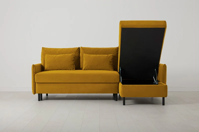 Model 12 Dreisitzer-Schlafsofa mit Chaiselongue rechts, Senfgelb