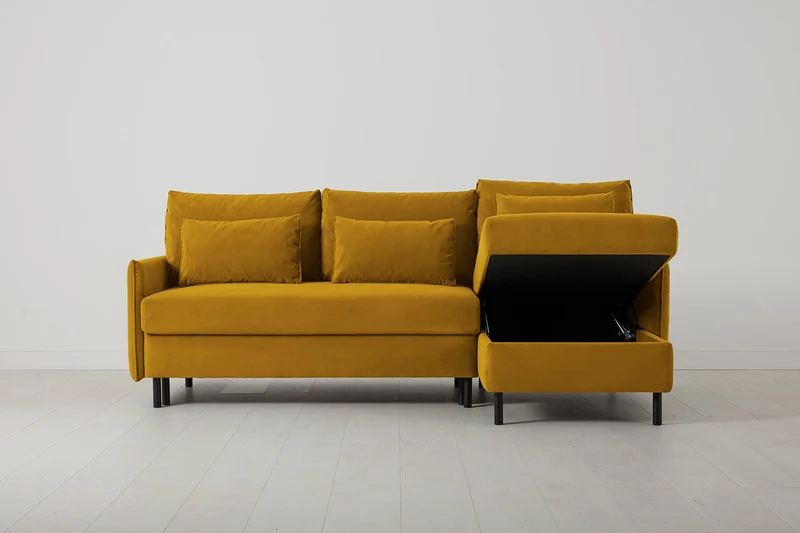 Model 12 Dreisitzer-Schlafsofa mit Chaiselongue rechts, Senfgelb