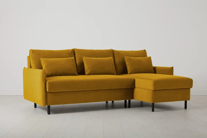 Model 12 Dreisitzer-Schlafsofa mit Chaiselongue rechts, Senfgelb